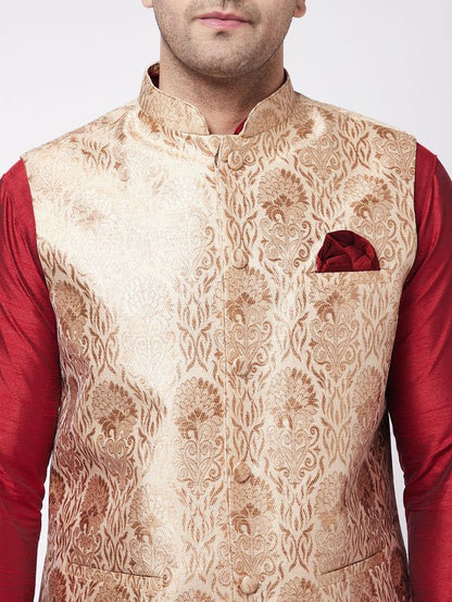 Men's Maroon Silk Blend Straight Jacket  Kurta and Dhoti Set