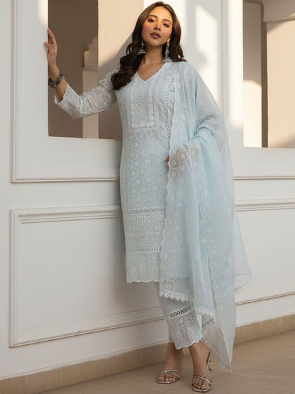 Ethnic Motifs Embroidered Chikankari Pure Cotton Kurta With Trousers & Dupatta