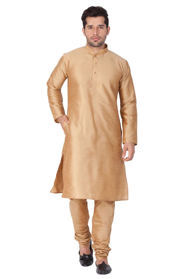 Men's Gold Silk Blend Straight Kurta Pyjama Set