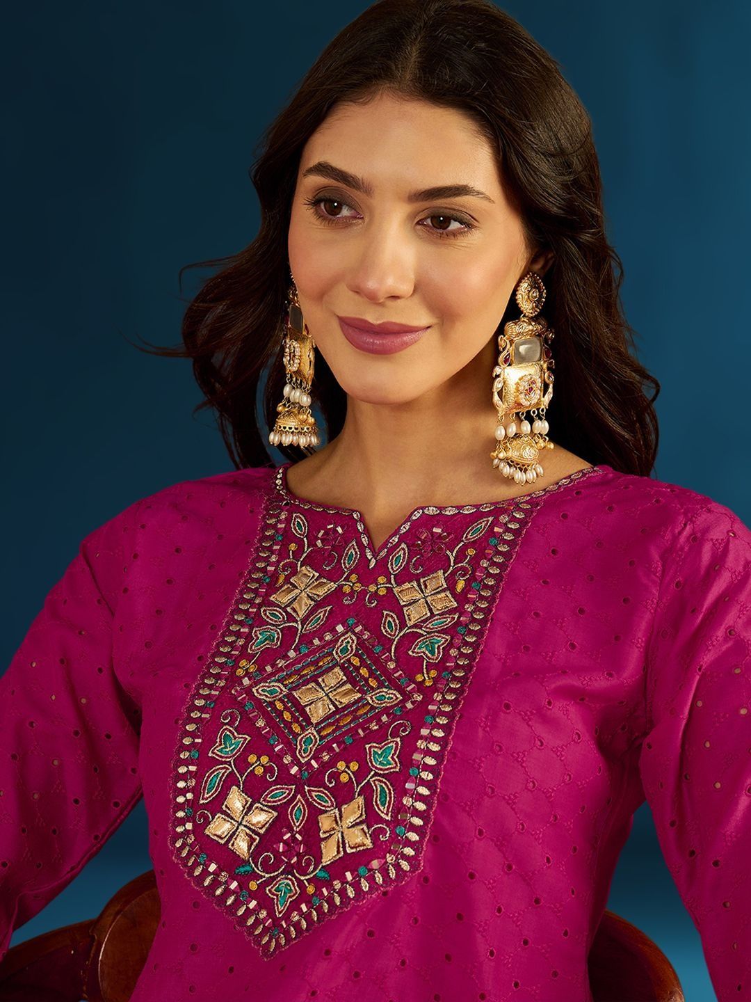 Dhiyona CH Women Ethnic Motifs Embroidered Regular Thread Work Kurta with Trousers