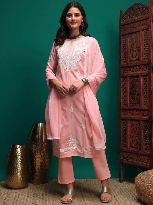 Dhiyona SN Women's Floral Embroidered Cotton Kurta with Trousers & Dupatta