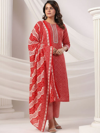 Ethnic Motifs Printed Thread Work Pure Cotton Kurta With Trousers & Dupatta