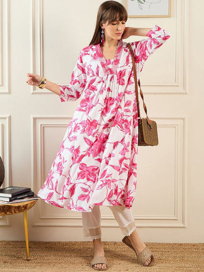 Dhiyona IE Floral Printed Pleated A-Line Kurta