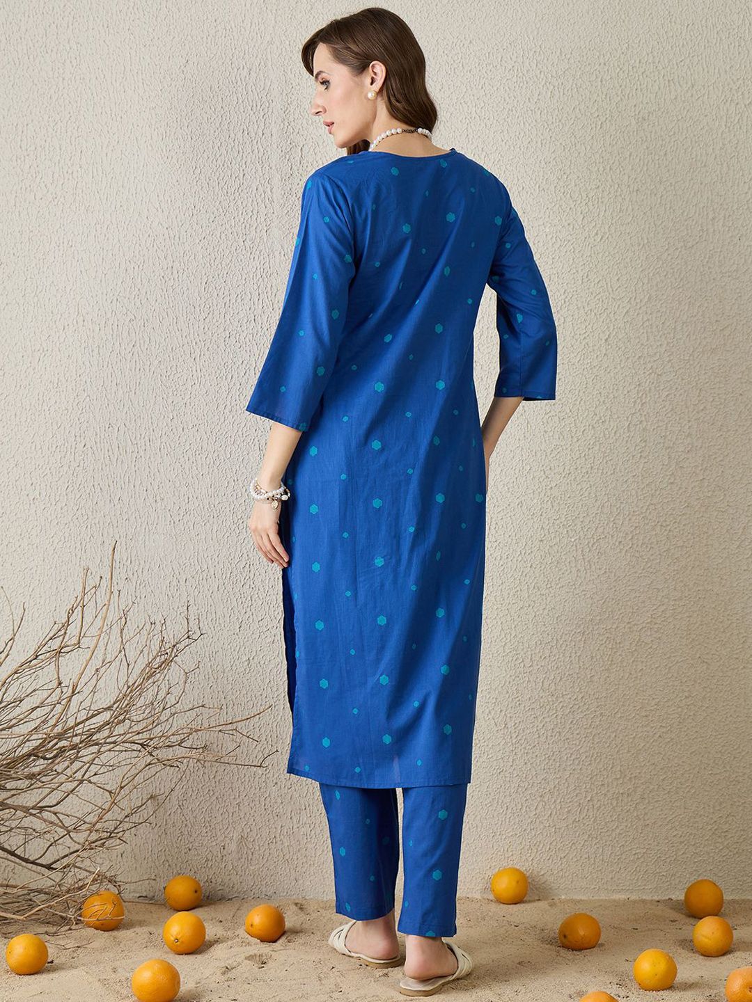 Dhiyona IE Geometric Printed Pure Cotton V-Neck Top With Trousers Co-Ords