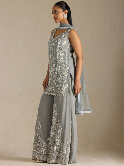 Dhiyona SO Women's Women Floral Printed Regular Beads and Stones Silk Georgette Kurta with Sharara & With Dupatta