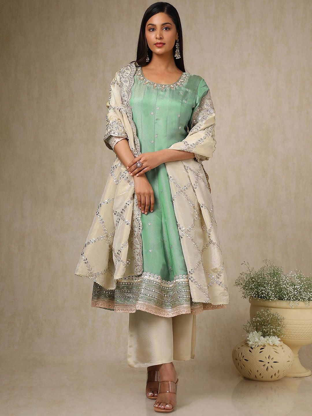 Dhiyona SO Women's Women Floral Embroidered Panelled Sequinned Kurta with Palazzos & With Dupatta