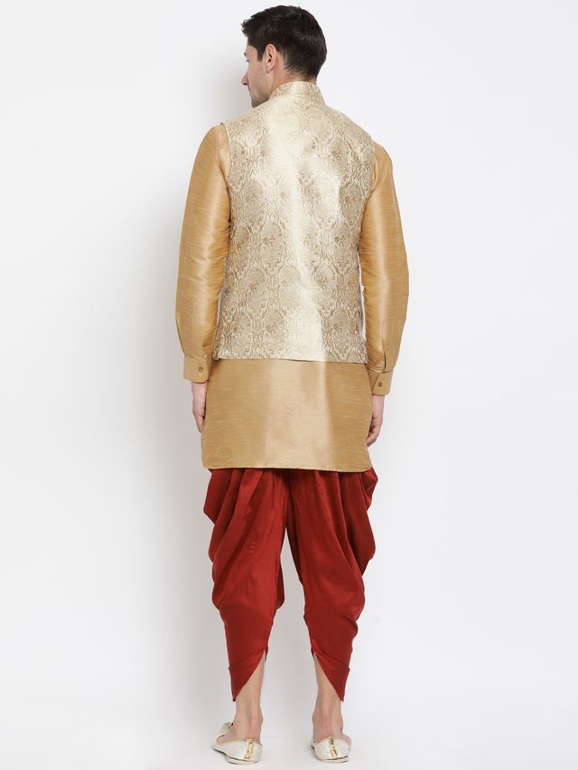 Men's Gold Silk Blend Straight Jacket  Kurta and Dhoti Set