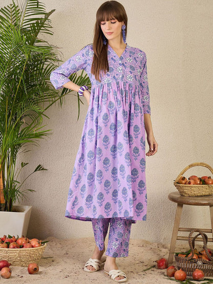 Dhiyona IE Printed V-Neck Pure Cotton Kurta & Trousers