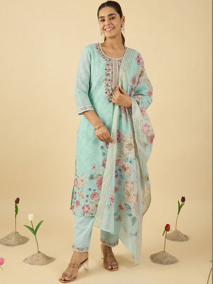 Women Floral Embroidered Regular Thread Work Linen Kurta with Trousers & With Dupatta