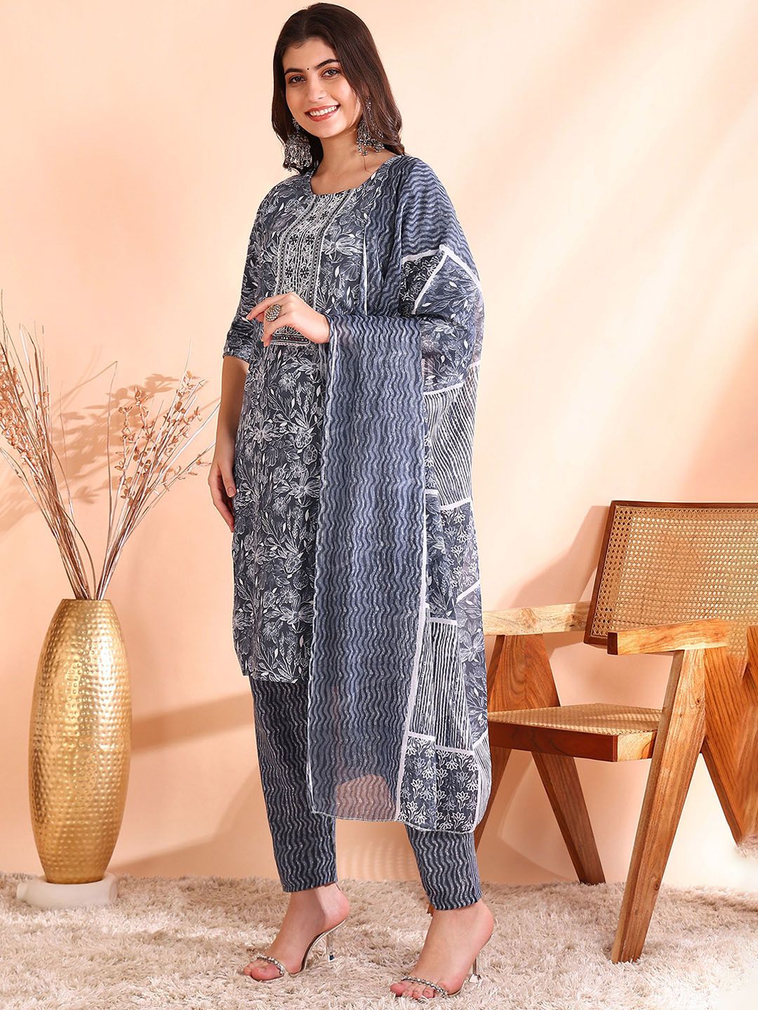 Dhiyona OD  Printed Mirror Work Pure Cotton Kurta With Trousers & Dupatta