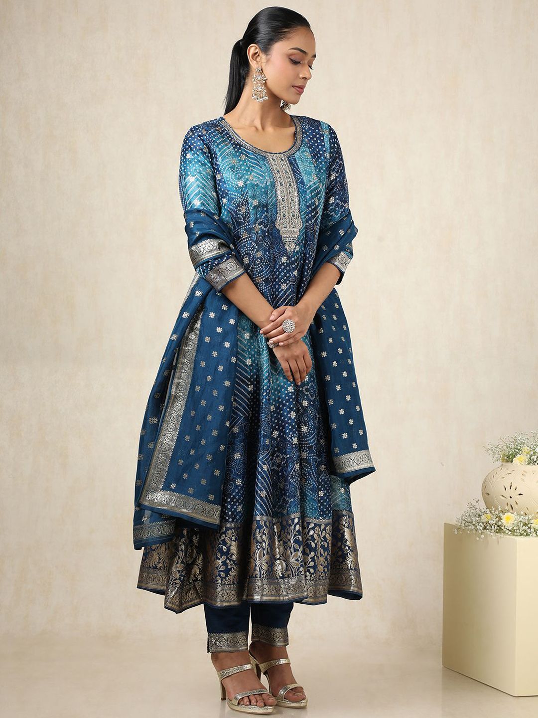 Dhiyona SO Women's Bandhani Printed Zari Work Brocade Anarkali Kurta With Trousers And Dupatta