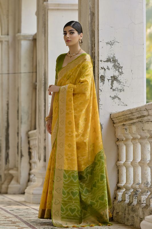 Yellow Mahendi Raw Silk Saree