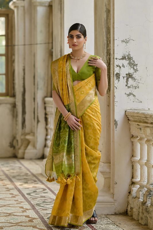 Yellow Mahendi Raw Silk Saree