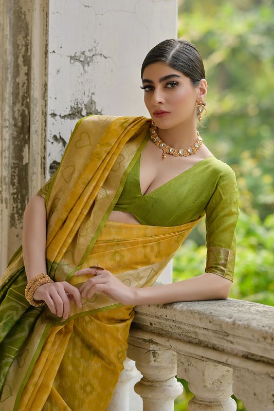 Yellow Mahendi Raw Silk Saree