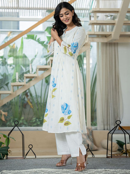 Floral Printed Mandarin Collar Pleated Pure Cotton A-Line Kurta With Trouser
