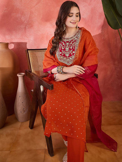 Dhiyona SN Women's Polka Dots Printed V-Neck Thread Work Georgette Kurta With Trousers & Dupatta