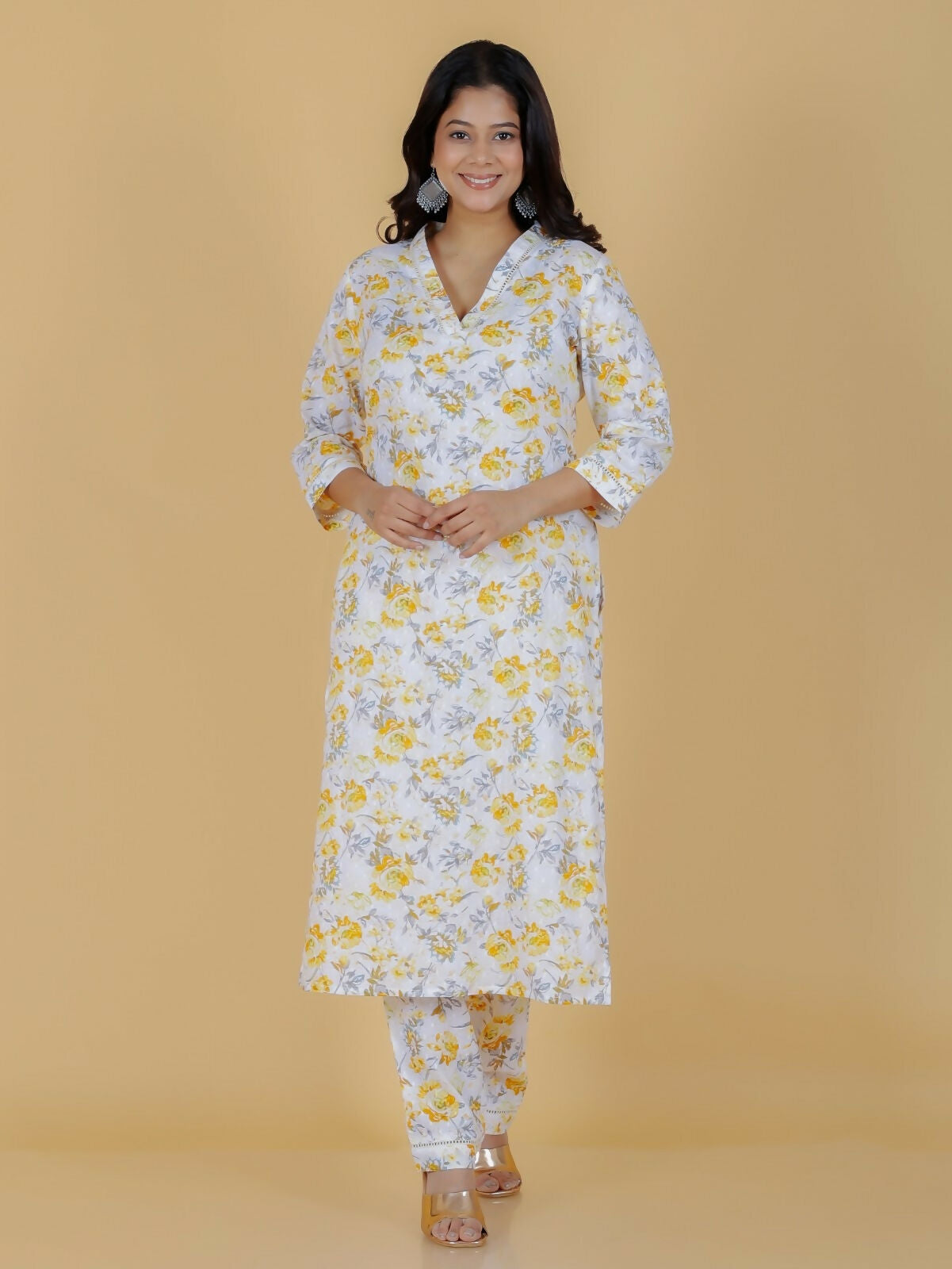 Women's Yellow Soft Cotton Floral Straight Kurta for Women