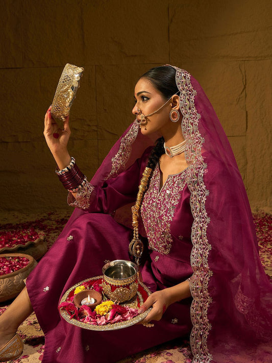 Dhiyona IE Floral Embroidered Straight Sequinned Liva Kurta with Trousers & Dupatta