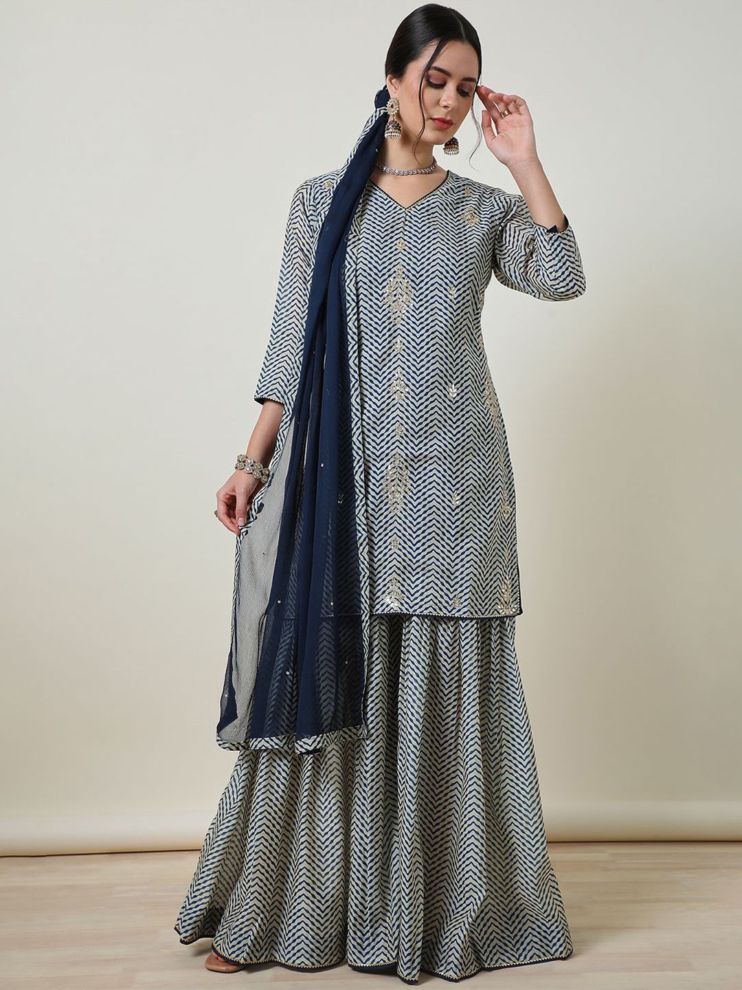 Dhiyona SO Women's Women Printed Regular Gotta Patti Chanderi Silk Kurta with Sharara & With Dupatta