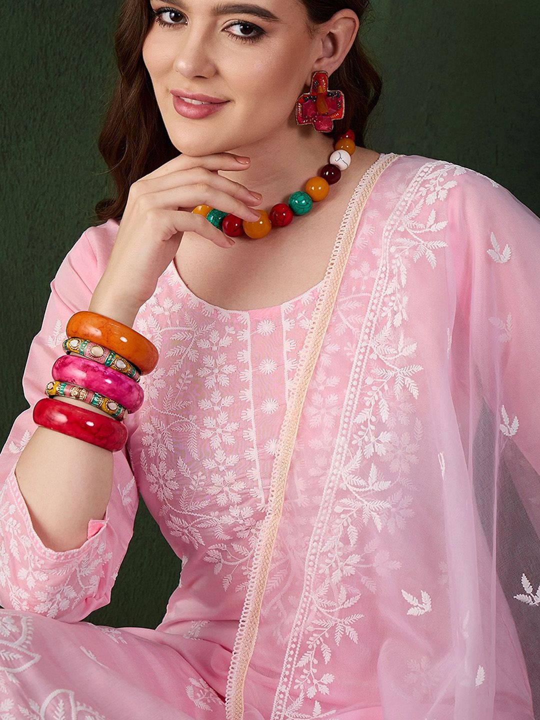 Dhiyona SN Women's Pink and White Floral Embroidered Thread Work Cotton Kurta & Trouser With Dupatta