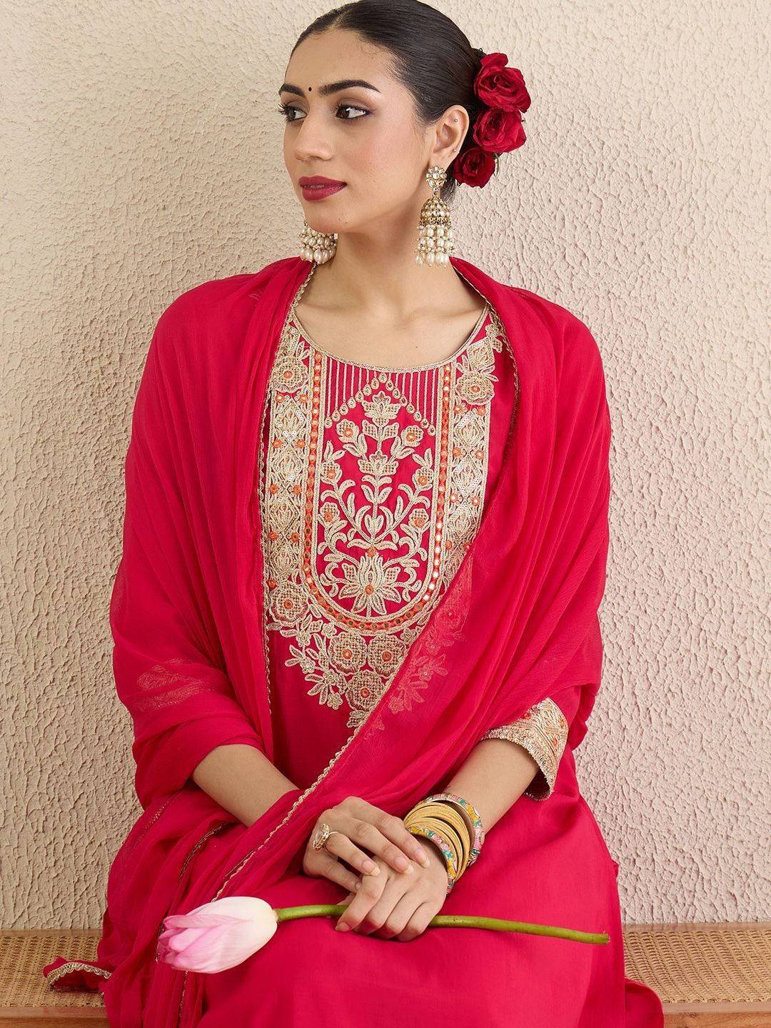 Women Ethnic Motifs Embroidered Regular Thread Work Kurta with Trousers & With Dupatta