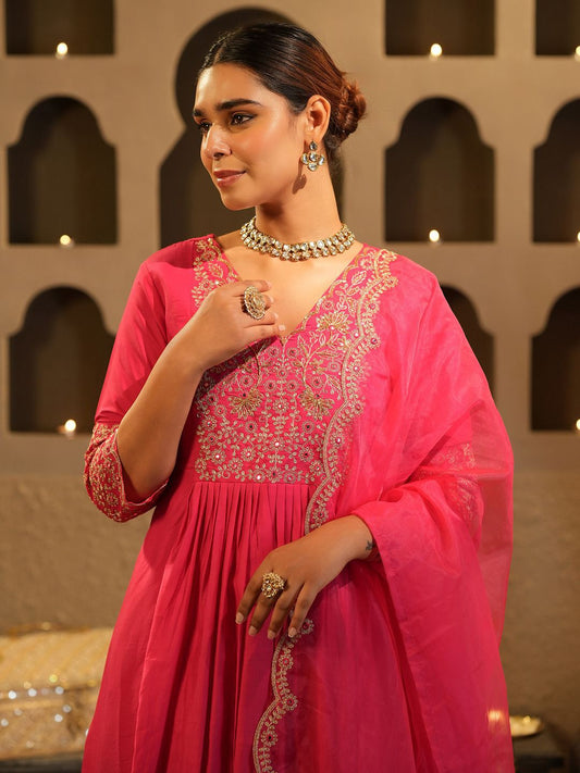 Dhiyona IE Women's Floral Yoke Design V Neck Zari A-Line Kurta & Trousers With Dupatta