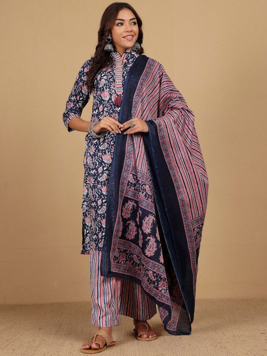 Dhiyona VA Women's Floral Printed Straight Kurta with Palazzo & Dupatta