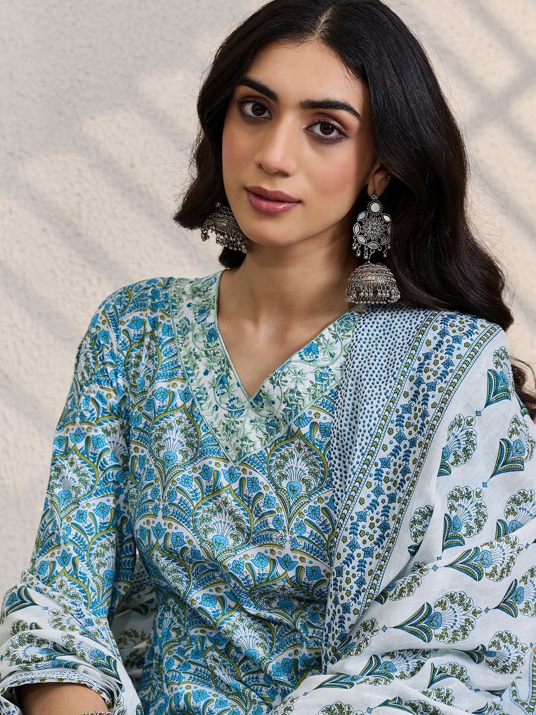 Ethnic Motifs Printed Thread Work Pure Cotton Kurta With Trousers &