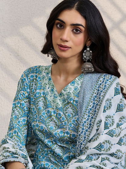 Ethnic Motifs Printed Thread Work Pure Cotton Kurta With Trousers &