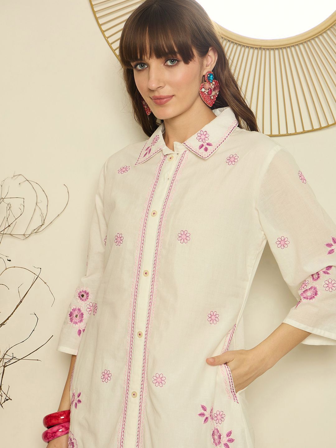 Dhiyona IE Women Embroidered Shirt Collar Cotton Top and Trousers Co-Ords