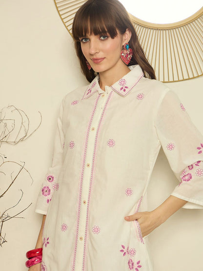 Dhiyona IE Women Embroidered Shirt Collar Cotton Top and Trousers Co-Ords