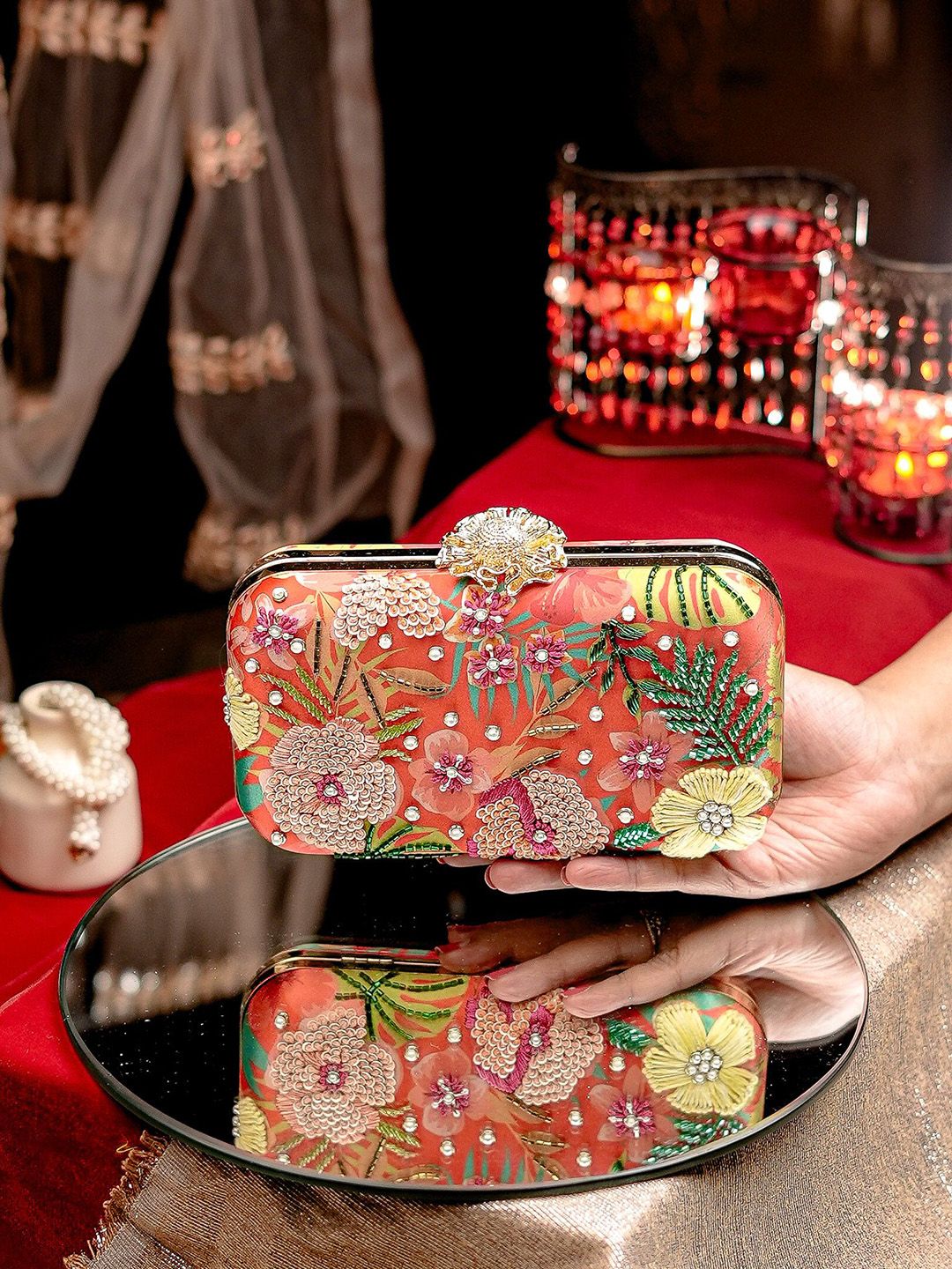 Dhiyona NR Floral Embroidered Clutch with Beaded Detail