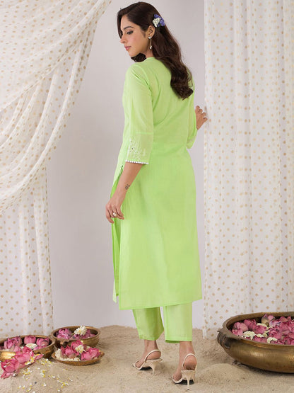 Dhiyona IE Embroidered Three-Quarter Sleeves V-Neck Pure Cotton Tunic With Trouser