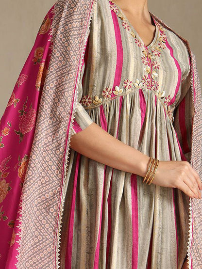 Dhiyona SO Women's Striped V-Neck Beads & Stones Empire Anarkali Kurta With Trousers & Dupatta