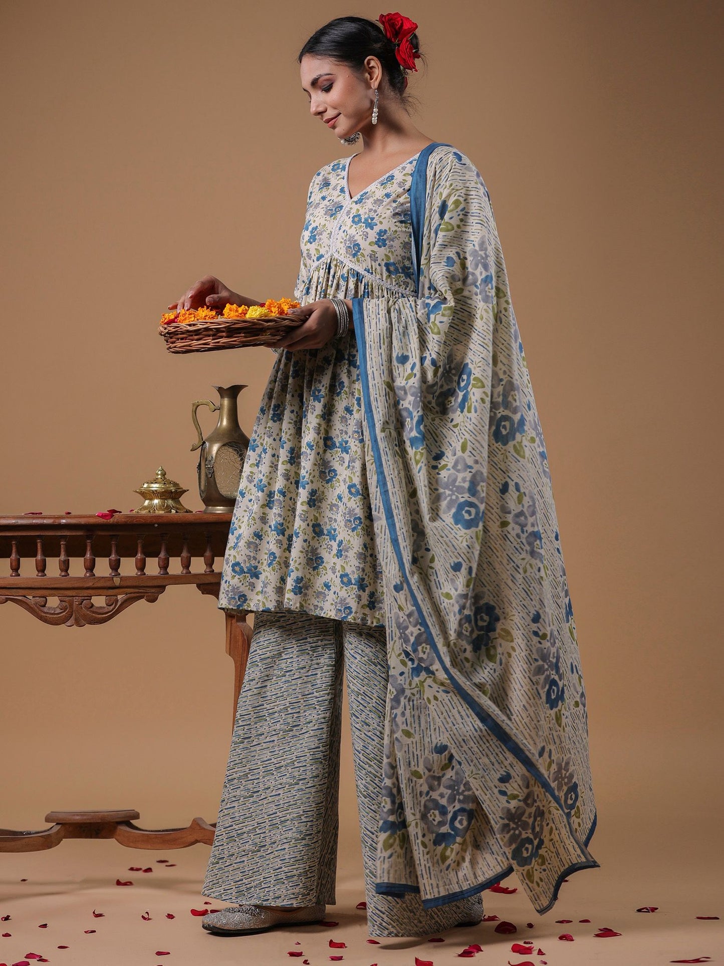 Dhiyona IE Floral Printed Empire Pure Cotton A-Line Kurta with Sharara & Dupatta