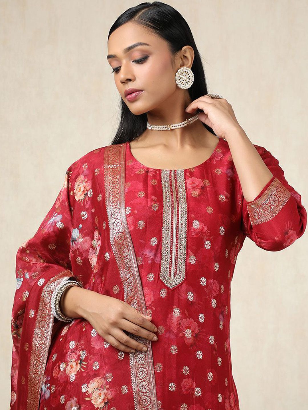 Dhiyona SO Women's Floral Woven Design Zari Work Brocade Kurta With Trousers & Dupatta