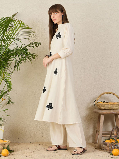 Floral Embroidered Mandarin Collar Thread Work Pure Cotton A-Line Kurta & Palazzo