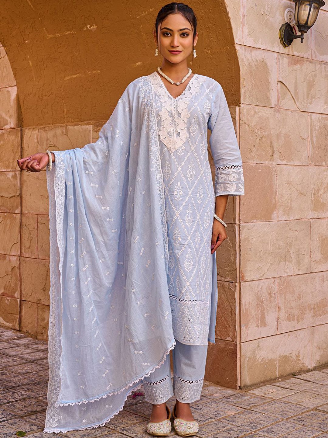 Women Ethnic Motifs Embroidered Cotton Kurta with Trousers & Dupatta