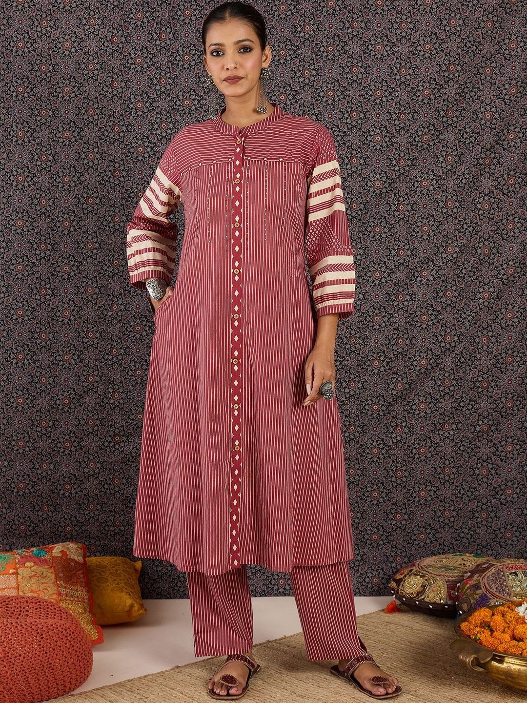 Dhiyona IE Printed Mandarin Collar Three-Quarter Sleeves Top With Trousers