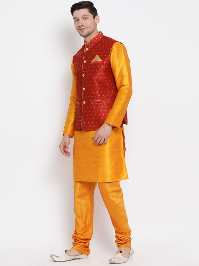 Men's Orange Silk Blend Straight Jacket  Kurta and Pyjama Set