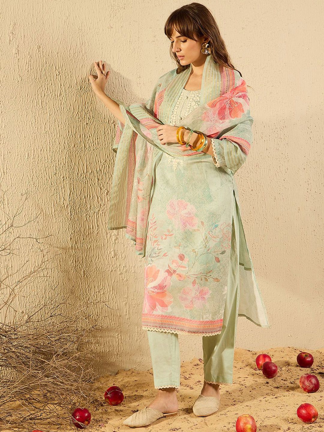 Dhiyona IE Women Ethnic Motifs Printed Regular Chikankari Kurta with Trousers & With Dupatta