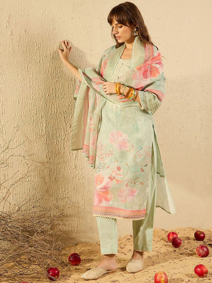 Dhiyona IE Women Ethnic Motifs Printed Regular Chikankari Kurta with Trousers & With Dupatta