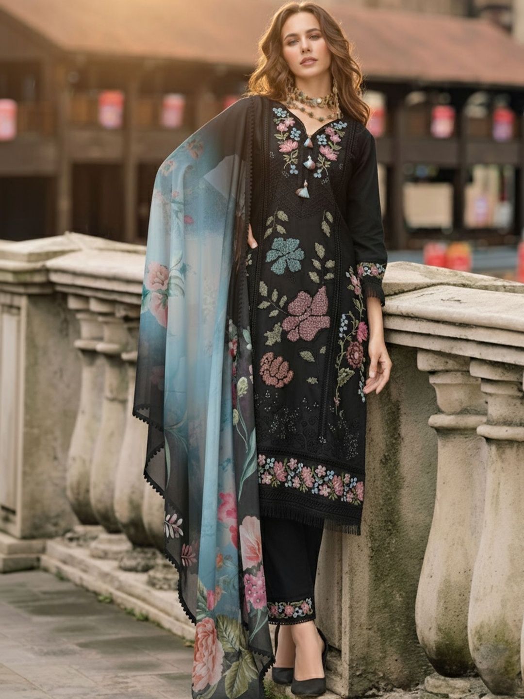 Dhiyona IE Women Floral Embroidered Thread Work Pure Silk Kurta with Trousers & With Dupatta