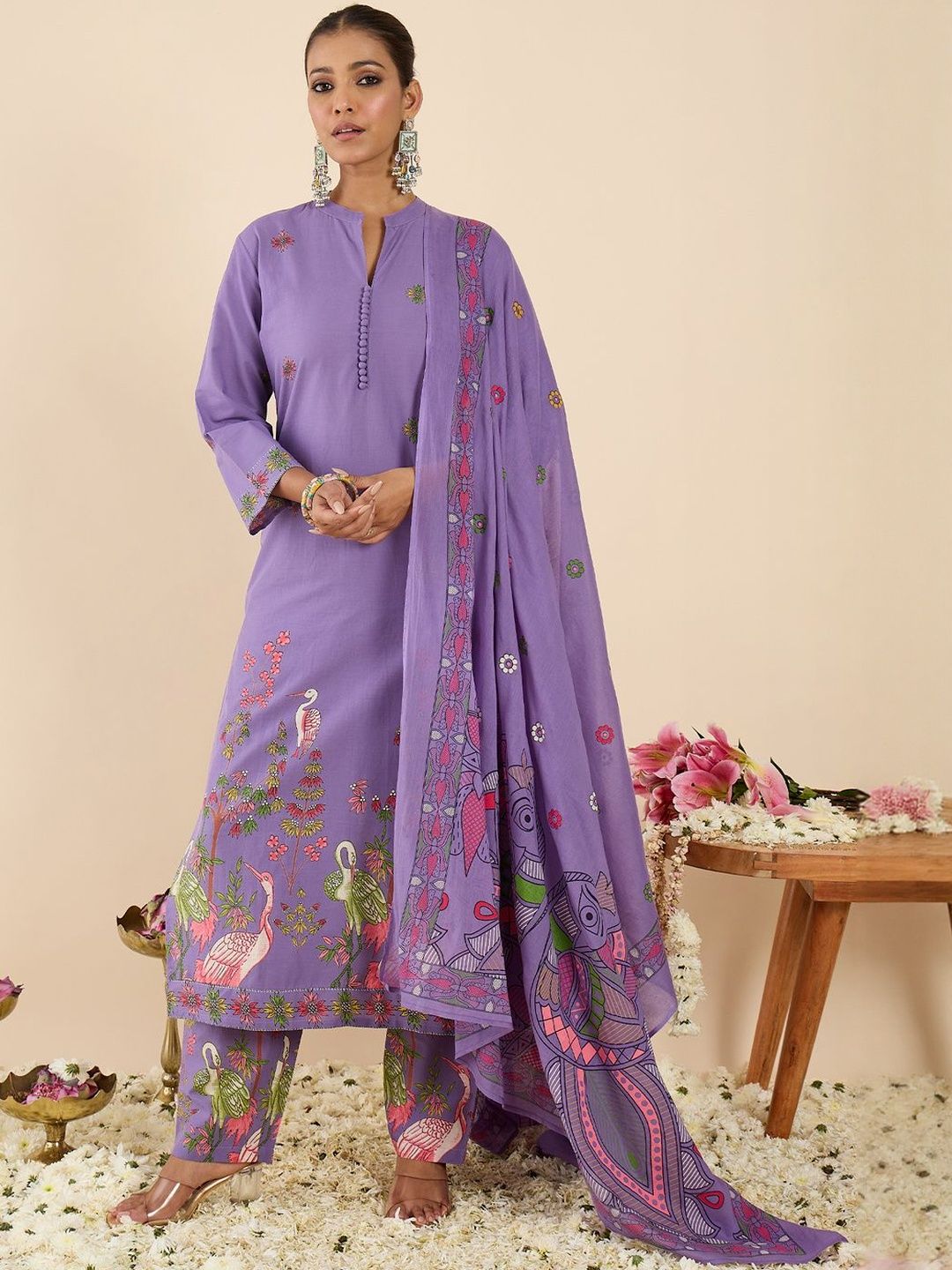 Women Ethnic Motifs Printed Regular Pure Cotton Kurta with Trousers & With Dupatta