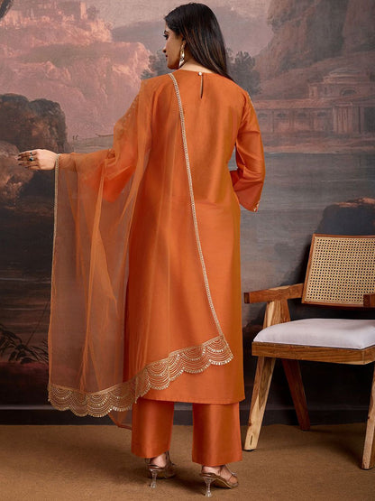 Dhiyona PD Women Embroidered Kurta & Trousers With Net Dupatta Set