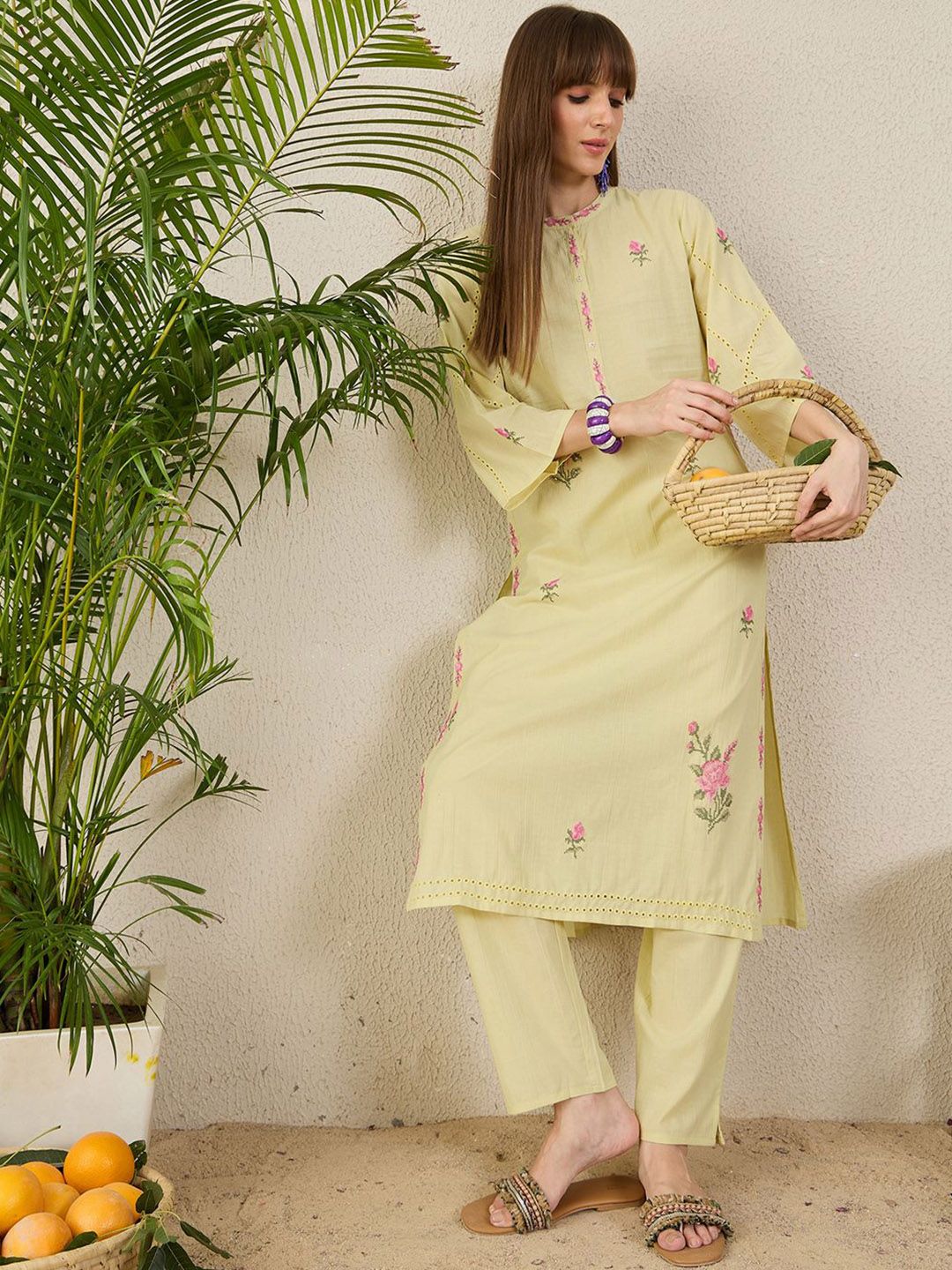 Dhiyona IE Floral Embroidered Pure Cotton Mandarin Collar Tunic With Trousers