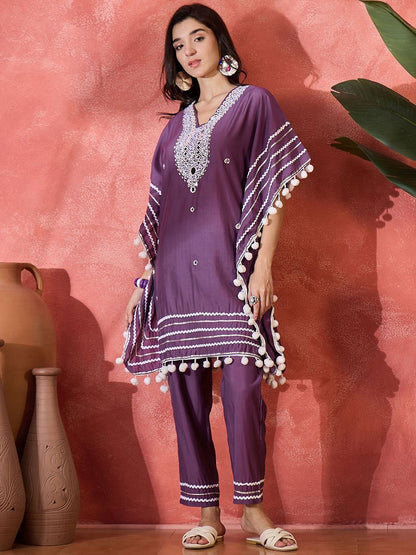 Dhiyona SN Women's Floral Embroidered Square Neck Mirror Work Kaftan Kurta With Trousers