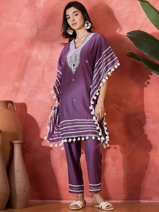 Dhiyona SN Women's Floral Embroidered Square Neck Mirror Work Kaftan Kurta With Trousers