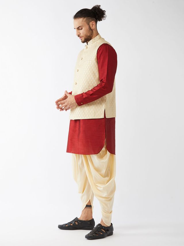 Men's Maroon Silk Blend Straight Jacket  Kurta and Dhoti Set