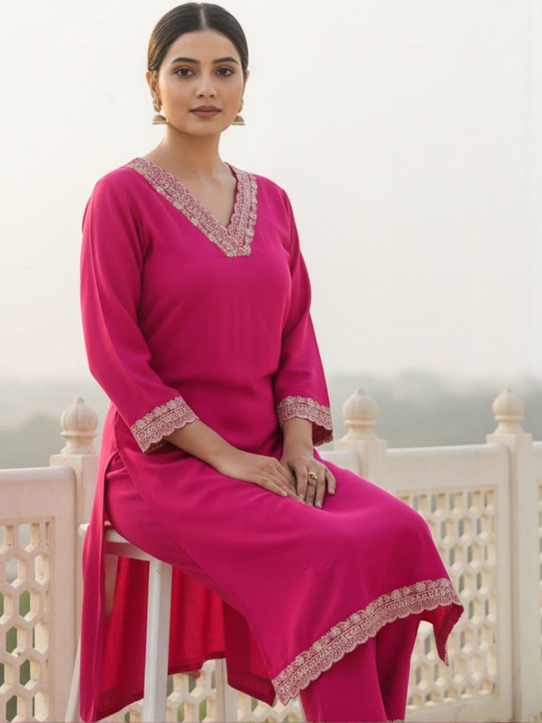 Women Ethnic Motifs Embroidered Regular Thread Work Kurta with Trousers